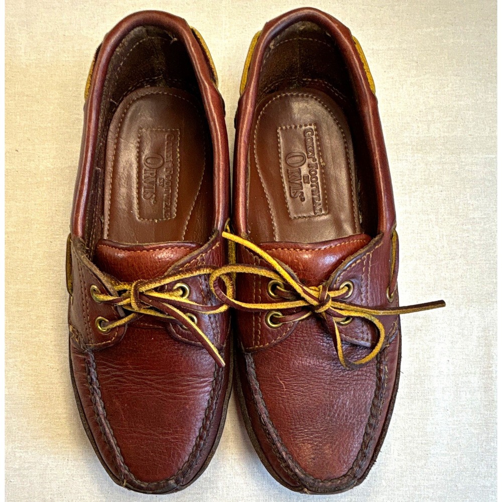 Orvis Men's Brown Leather Boat Shoes Lace-Up Round Toe Rubber Sole US 6.5
